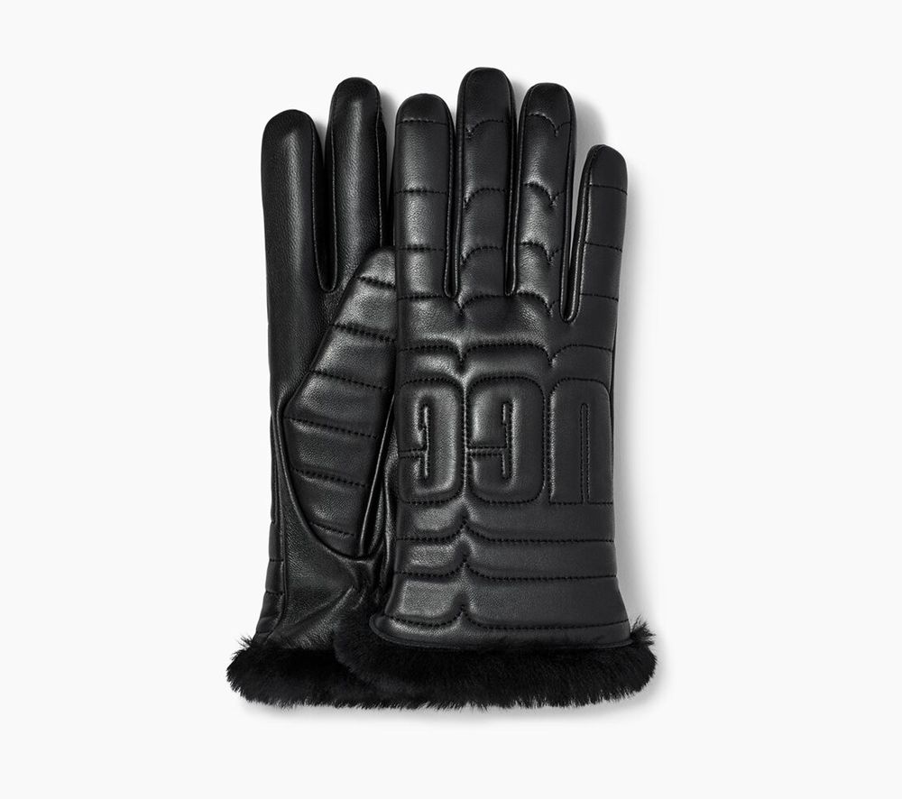 Ugg Leather Quilted Logo Tech - Womens Gloves - Black - NZ (5136PTVAW)